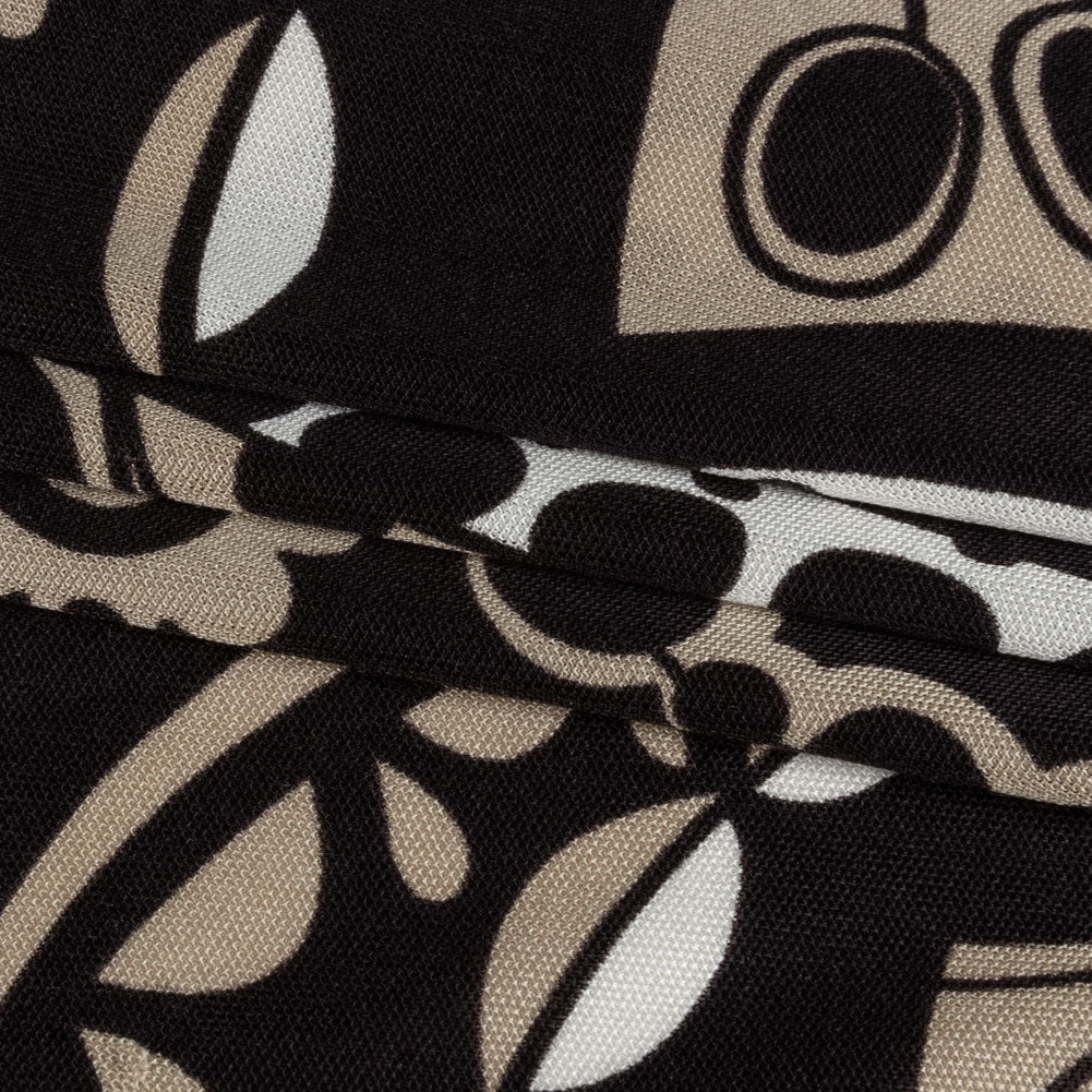 Chocolate, Tan and Whisper White Retro Flowers and Circles Silk Jersey Full
