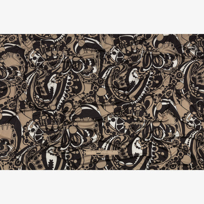 Chocolate, Tan and Whisper White Retro Flowers and Circles Silk Jersey Drape