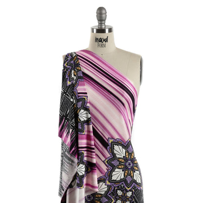 Rose Violet, Lilac and Black Onyx Stained Glass Flowers and Painterly Stripes Silk Jersey Detail