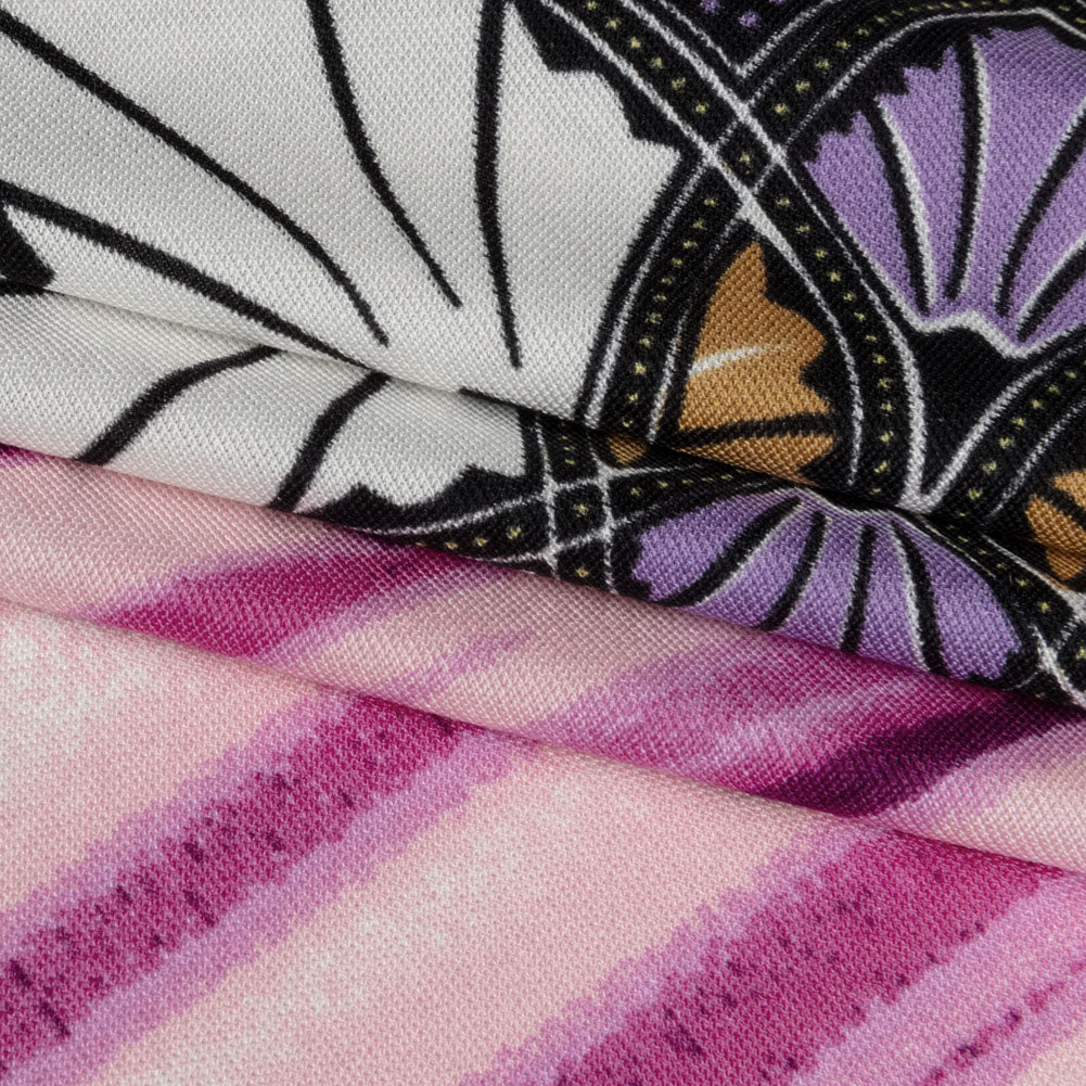 Rose Violet, Lilac and Black Onyx Stained Glass Flowers and Painterly Stripes Silk Jersey Full