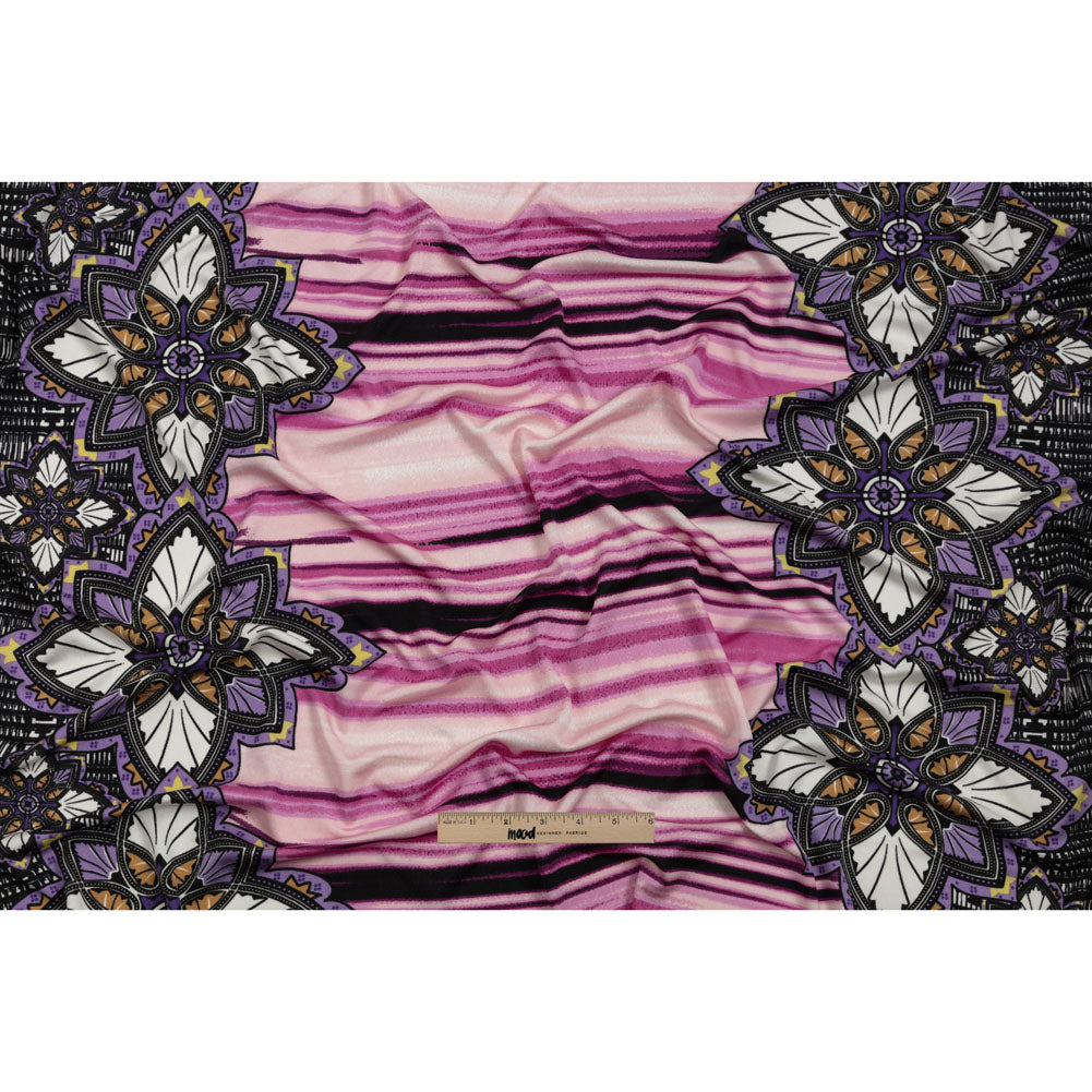 Rose Violet, Lilac and Black Onyx Stained Glass Flowers and Painterly Stripes Silk Jersey Drape