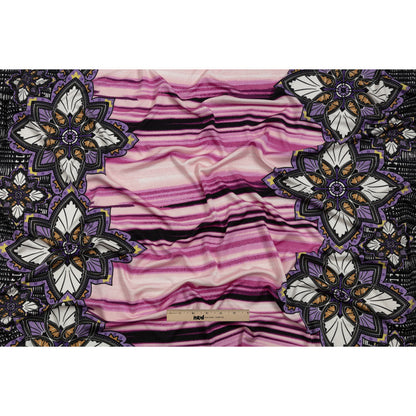 Rose Violet, Lilac and Black Onyx Stained Glass Flowers and Painterly Stripes Silk Jersey Drape