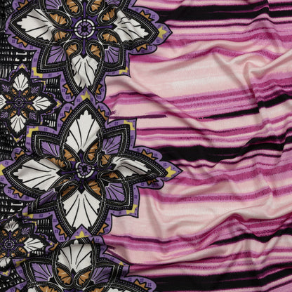 Rose Violet, Lilac and Black Onyx Stained Glass Flowers and Painterly Stripes Silk Jersey