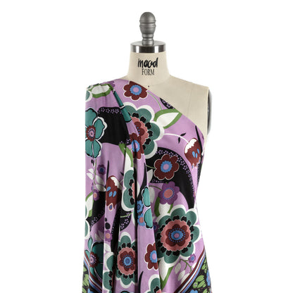 Lilac, Teal and Rust Floral Border Stripe Silk Jersey Detail