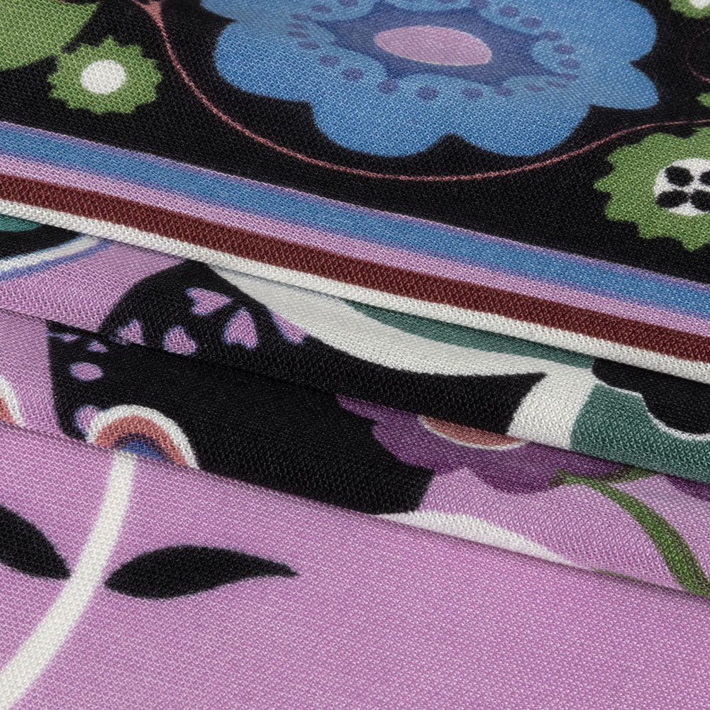 Lilac, Teal and Rust Floral Border Stripe Silk Jersey Full