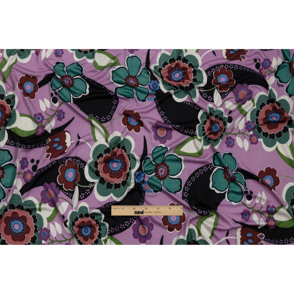 Lilac, Teal and Rust Floral Border Stripe Silk Jersey Drape