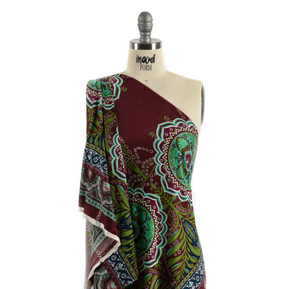 Burgundy, Green and Navy Palm Leaf Mandalas and Classical Stripe Border Silk Jersey Detail