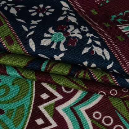 Burgundy, Green and Navy Palm Leaf Mandalas and Classical Stripe Border Silk Jersey Full