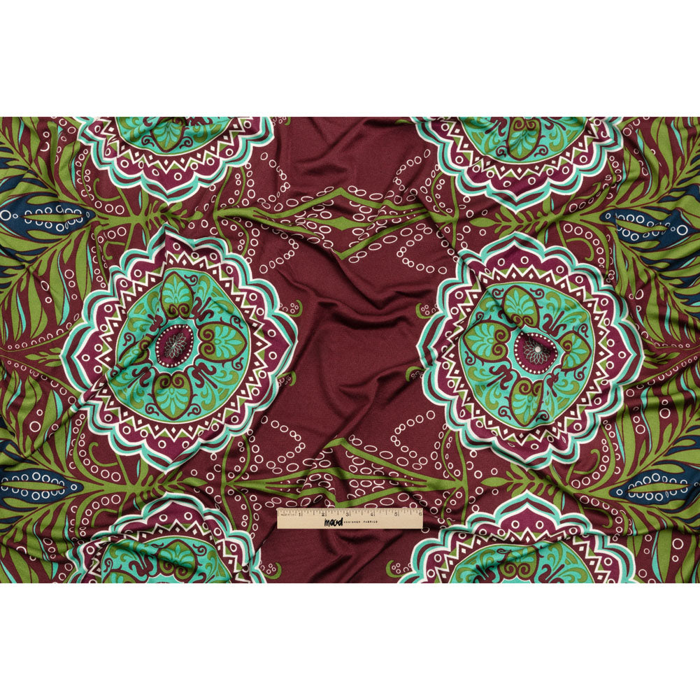 Burgundy, Green and Navy Palm Leaf Mandalas and Classical Stripe Border Silk Jersey Drape