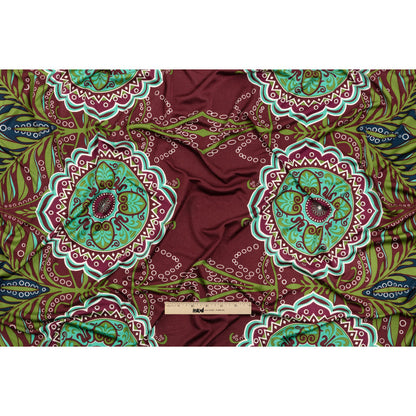 Burgundy, Green and Navy Palm Leaf Mandalas and Classical Stripe Border Silk Jersey Drape