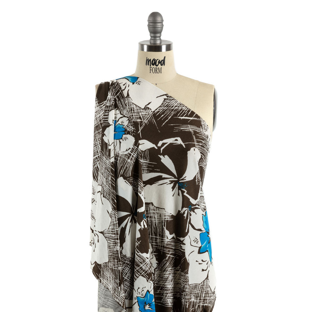 Dark Brown, Bright Blue and Cream Flowers and Crosshatching Silk Jersey Detail