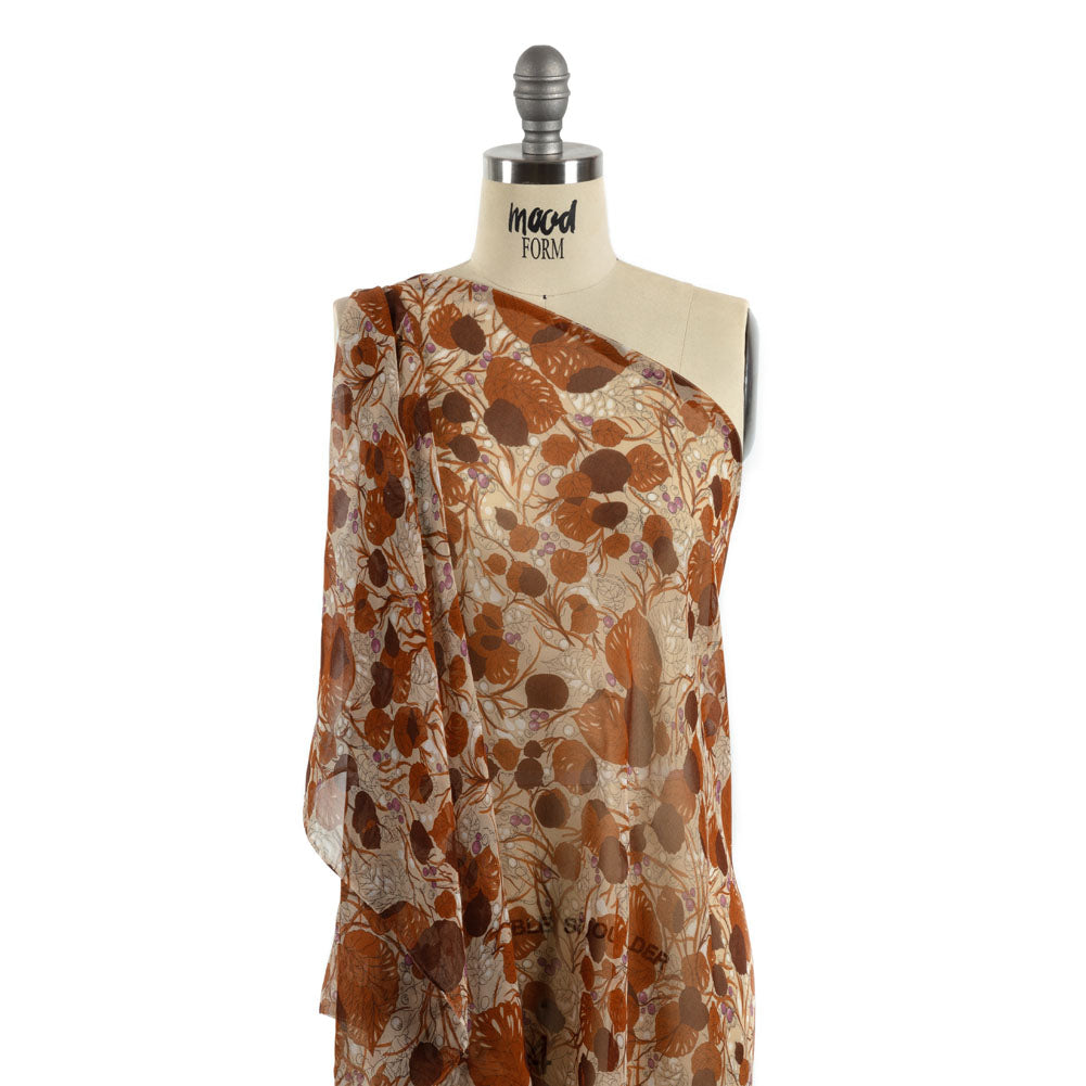 Cinnamon, Cream and Plum Leaves and Berries Silk Chiffon Detail