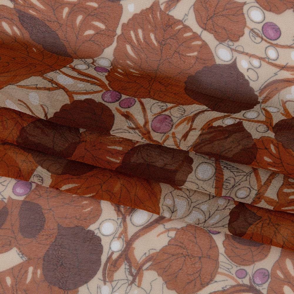 Cinnamon, Cream and Plum Leaves and Berries Silk Chiffon Full
