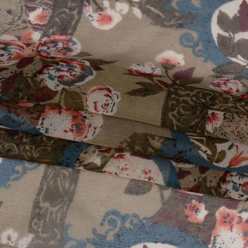Olive, Blue and Pink Flowers and Frames Silk Chiffon Full