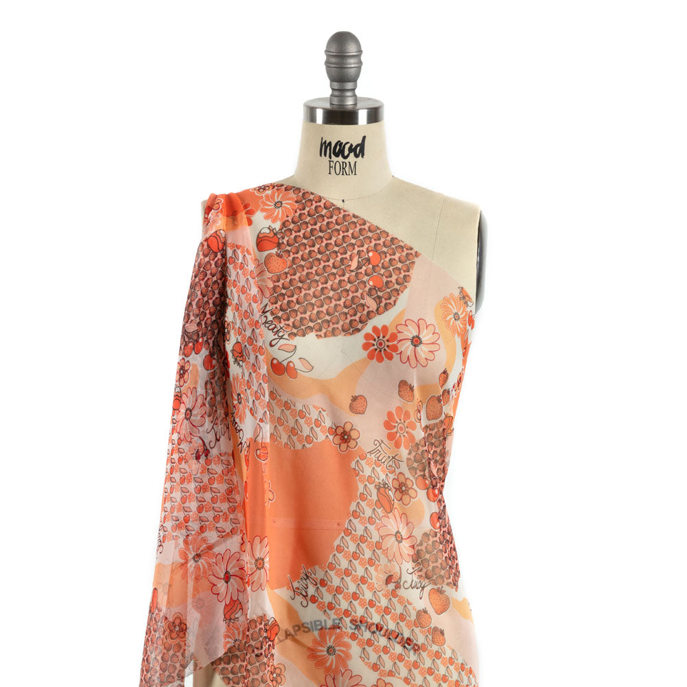Peach, Orange and White Juicy Fruits Silk Chiffon Detail