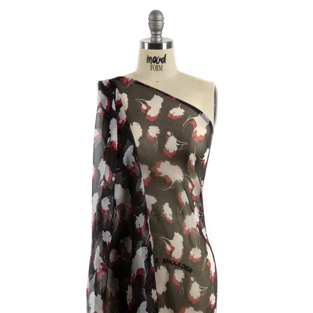 Black, Red and White Echoes of Leaves Crinkled Silk Chiffon Detail