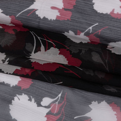 Black, Red and White Echoes of Leaves Crinkled Silk Chiffon Full