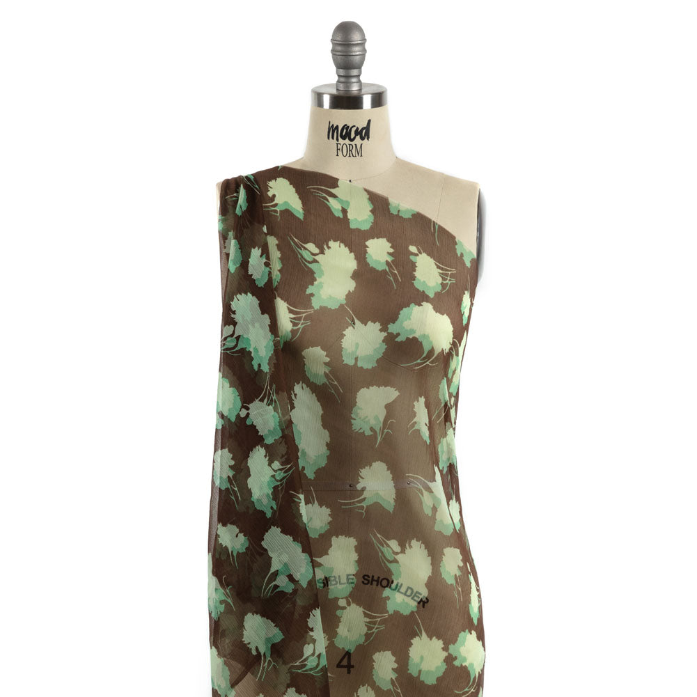 Green and Brown Echoes of Leaves Crinkled Silk Chiffon Detail