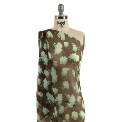 Green and Brown Echoes of Leaves Crinkled Silk Chiffon Detail