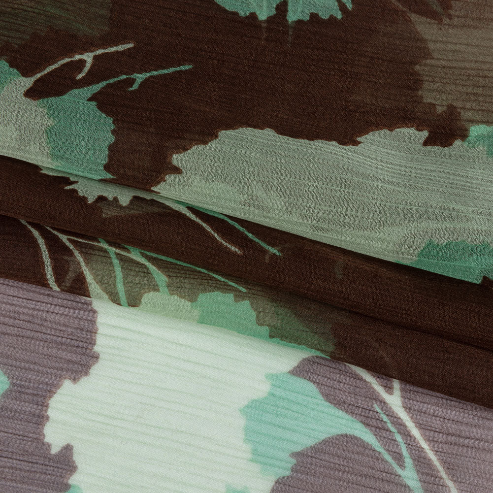 Green and Brown Echoes of Leaves Crinkled Silk Chiffon Full
