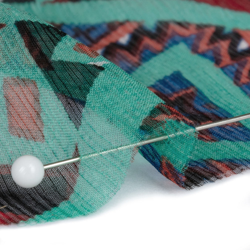 Bright Aqua, Red, and Lime Geometric Stripes Crinkled Silk Chiffon Folded