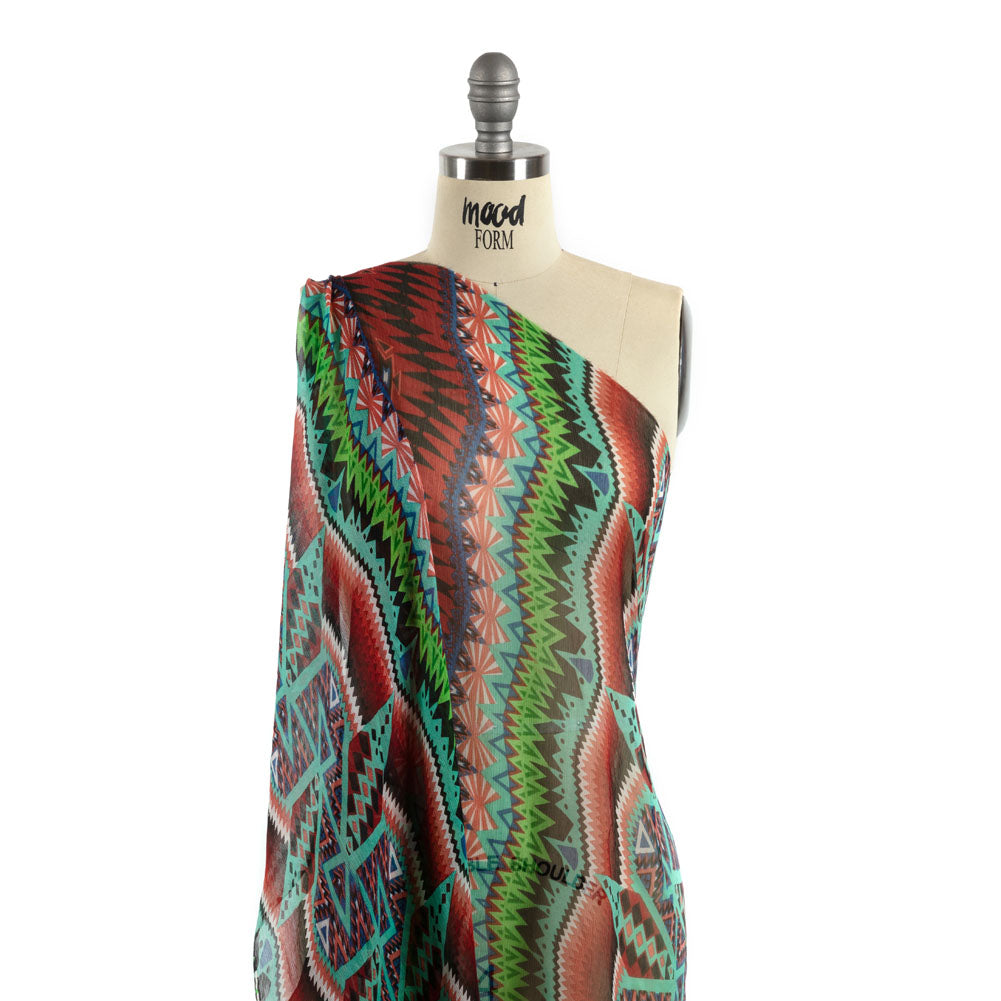 Bright Aqua, Red, and Lime Geometric Stripes Crinkled Silk Chiffon Detail