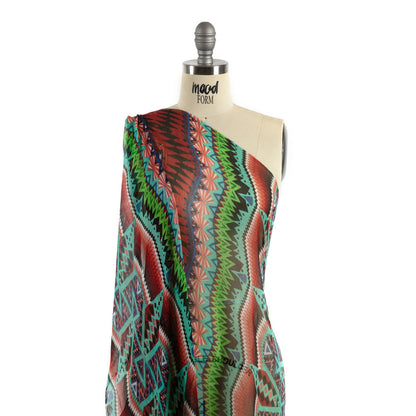 Bright Aqua, Red, and Lime Geometric Stripes Crinkled Silk Chiffon Detail
