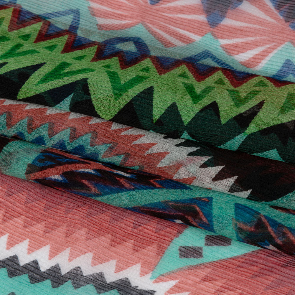 Bright Aqua, Red, and Lime Geometric Stripes Crinkled Silk Chiffon Full