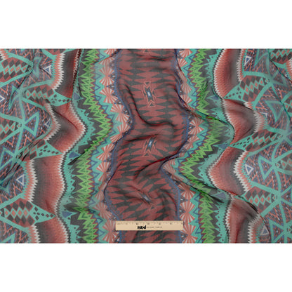 Bright Aqua, Red, and Lime Geometric Stripes Crinkled Silk Chiffon Drape