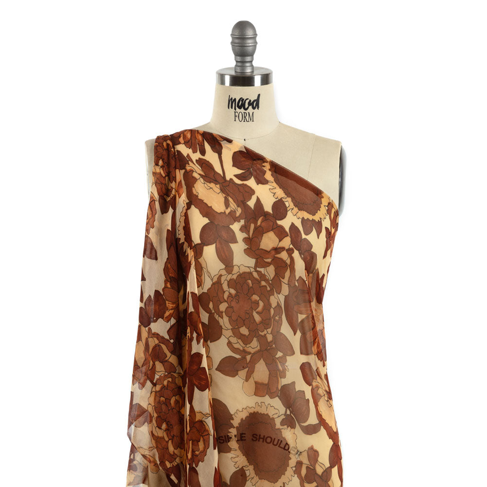 Brown and Tan Painted Flowers Silk Chiffon Detail