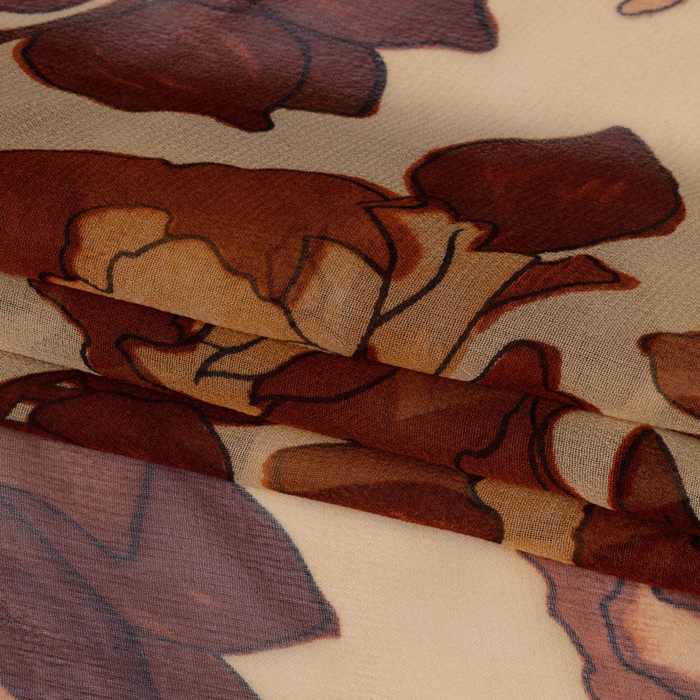 Brown and Tan Painted Flowers Silk Chiffon Full