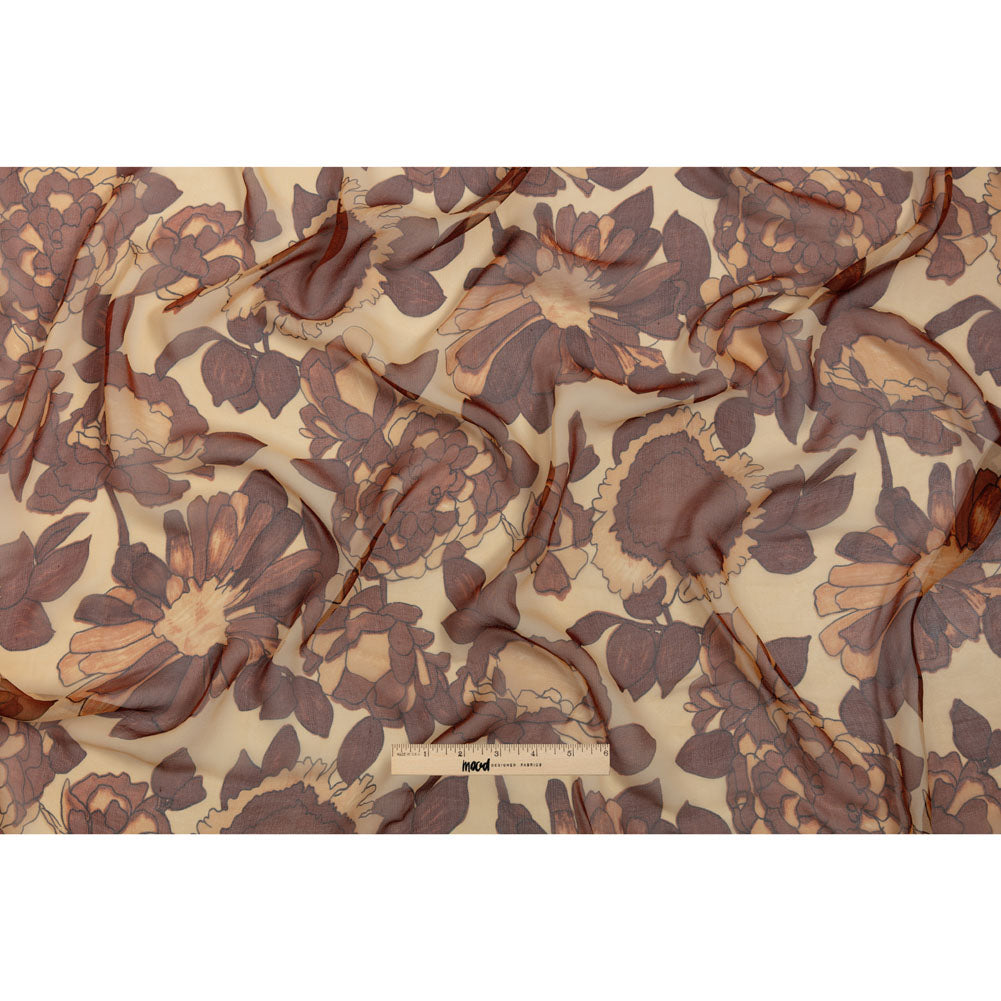 Brown and Tan Painted Flowers Silk Chiffon Drape