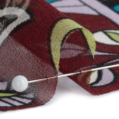 Wine, Turquoise and Lime Florals and Border Stripes Silk Chiffon Folded