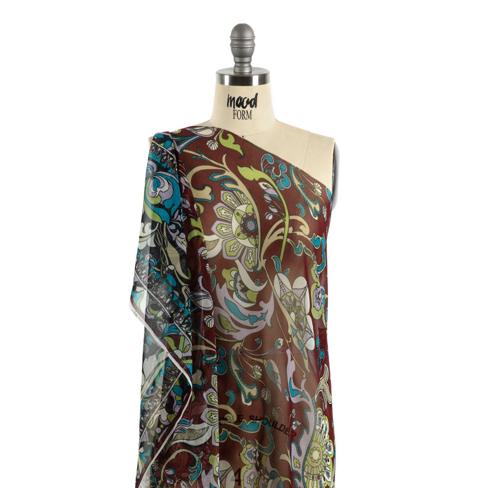 Wine, Turquoise and Lime Florals and Border Stripes Silk Chiffon Detail