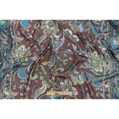 Wine, Turquoise and Lime Florals and Border Stripes Silk Chiffon Drape