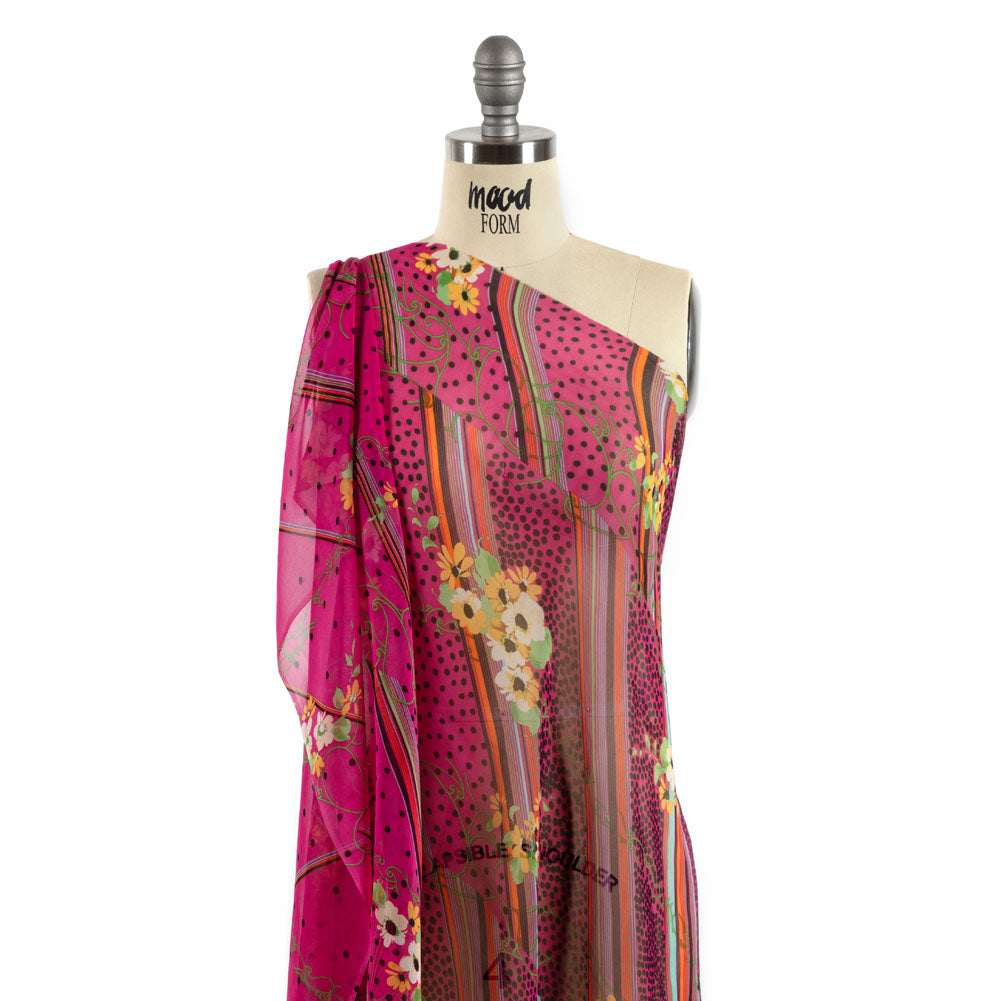 Hot Pink, Yellow and Green Stripes, Spots and Flowers Silk Chiffon Detail