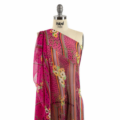 Hot Pink, Yellow and Green Stripes, Spots and Flowers Silk Chiffon Detail