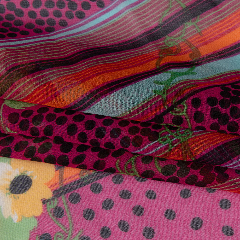 Hot Pink, Yellow and Green Stripes, Spots and Flowers Silk Chiffon Full