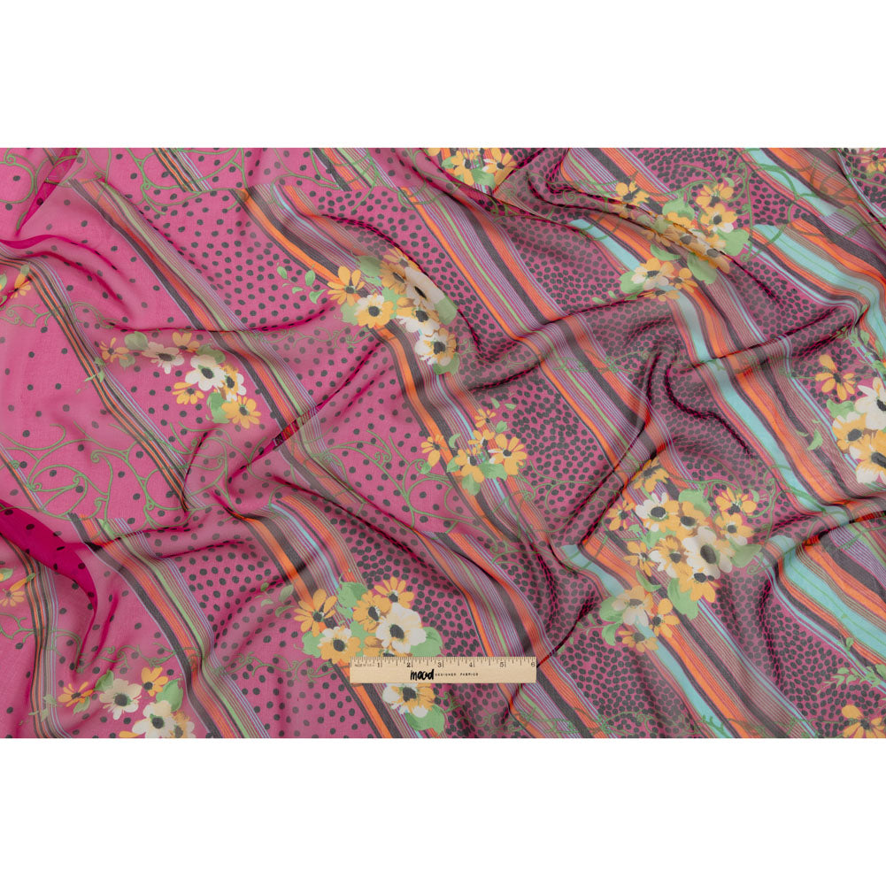 Hot Pink, Yellow and Green Stripes, Spots and Flowers Silk Chiffon Drape