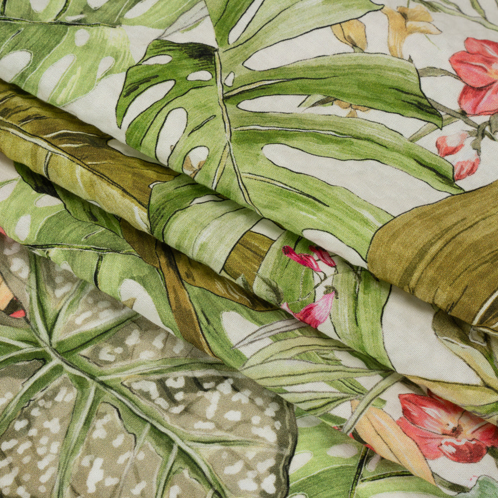 Cotton and Viscose Striped Seersucker Print - White, Green and Pink Tropical Leaves and Flowers - Mood Exclusive Monstera Mambo Folded