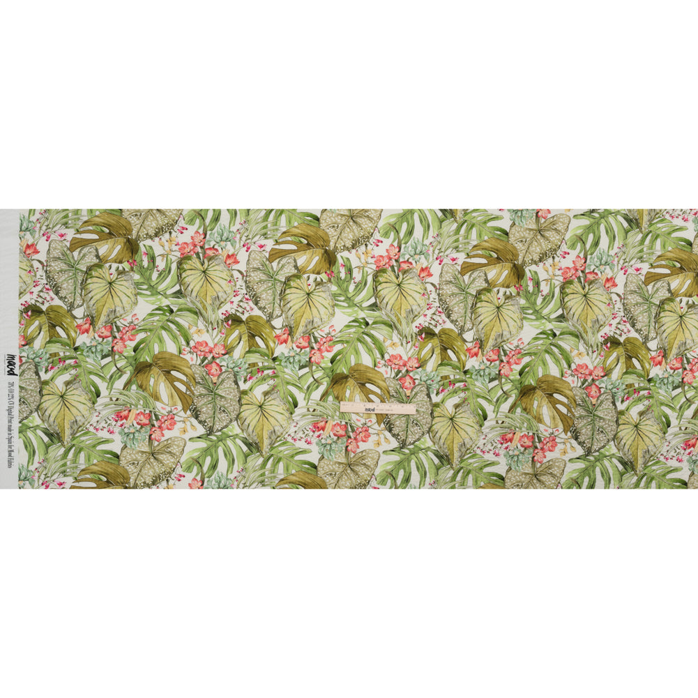 Cotton and Viscose Striped Seersucker Print - White, Green and Pink Tropical Leaves and Flowers - Mood Exclusive Monstera Mambo Full