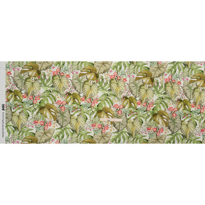 Cotton and Viscose Striped Seersucker Print - White, Green and Pink Tropical Leaves and Flowers - Mood Exclusive Monstera Mambo Full