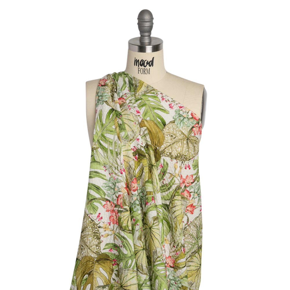 Cotton and Viscose Striped Seersucker Print - White, Green and Pink Tropical Leaves and Flowers - Mood Exclusive Monstera Mambo Drape
