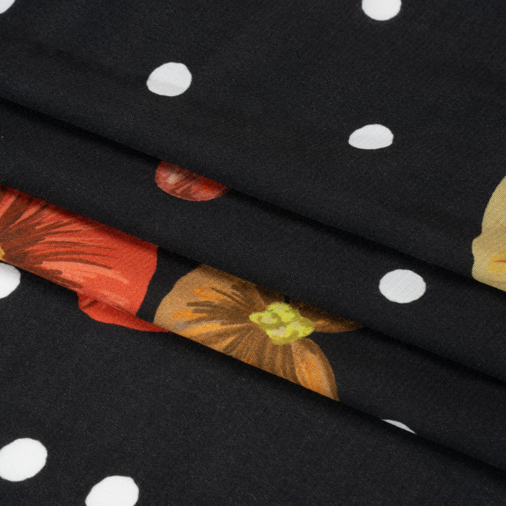 Viscose Crepe Print - Black and Red Floral and Polka Dots - Mood Exclusive Treasures Renewed Folded