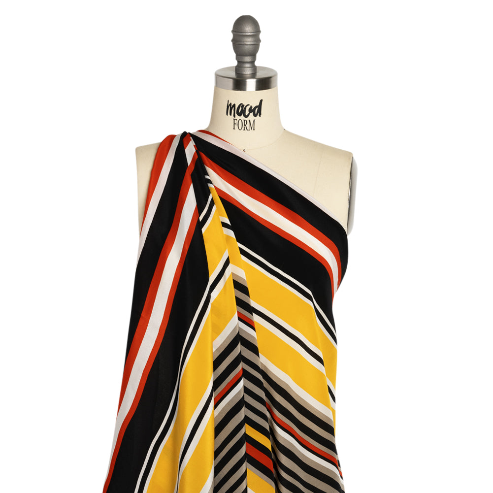 Red, Yellow and Black Barcode Stripes Silk Crepe de Chine Detail