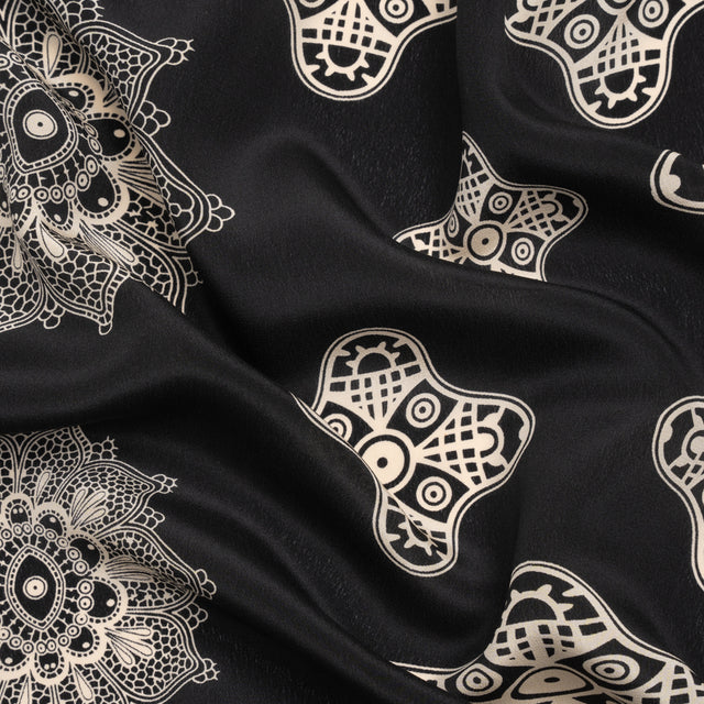 Black and Cream Eye Medallions Border Print Silk Crepe de Chine