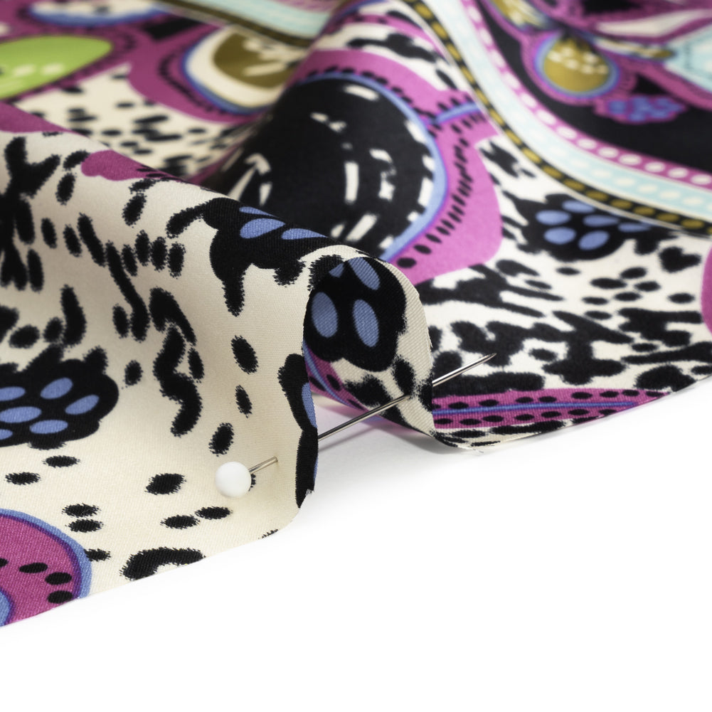 Magenta, Sky Blue and Black Floral Stripes Silk Charmeuse Folded