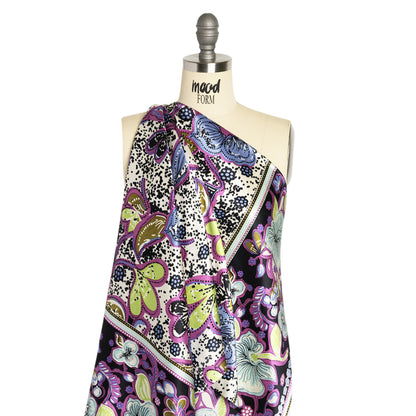 Magenta, Sky Blue and Black Floral Stripes Silk Charmeuse Detail