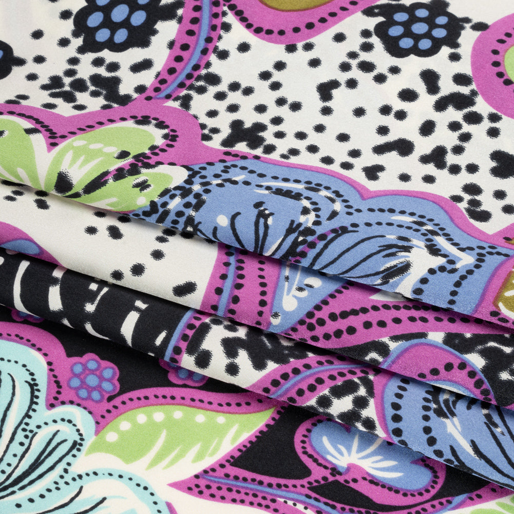Magenta, Sky Blue and Black Floral Stripes Silk Charmeuse Full