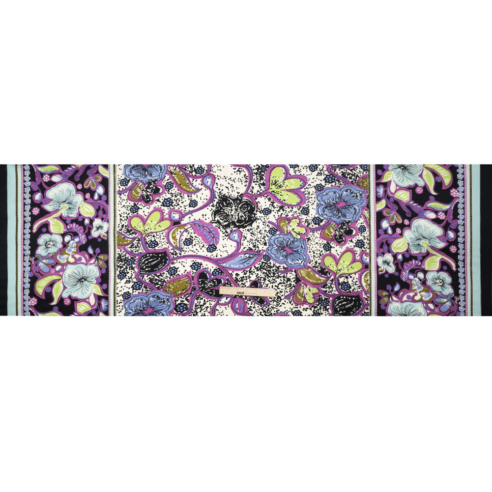 Magenta, Sky Blue and Black Floral Stripes Silk Charmeuse Drape